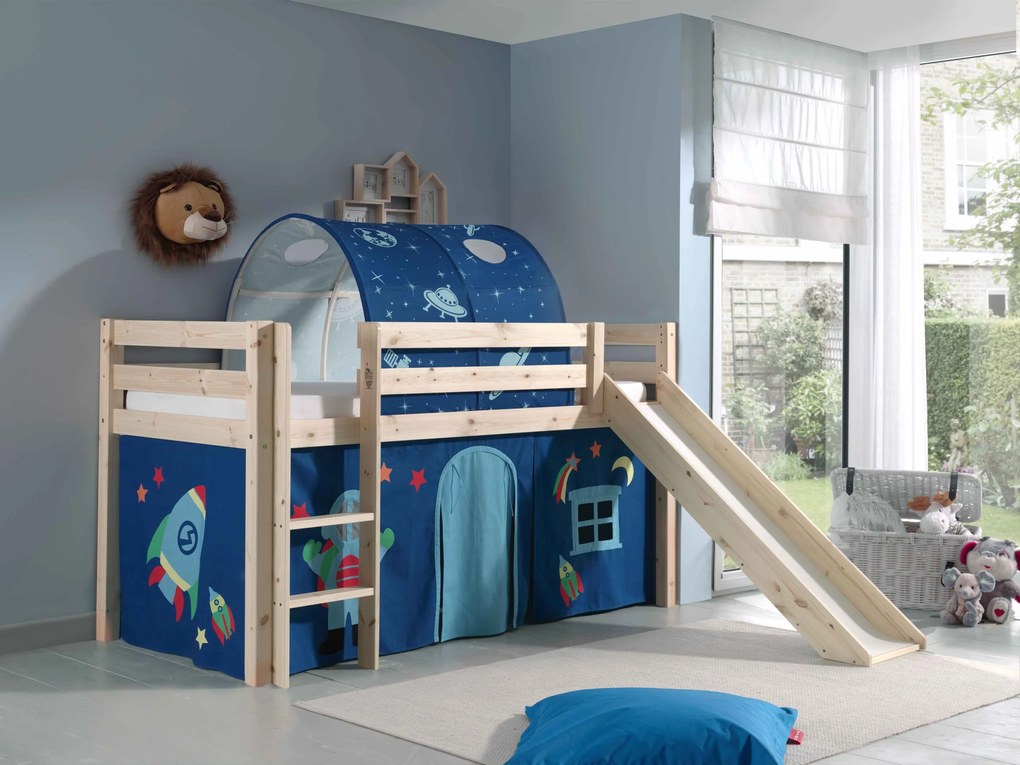 Conjunto Cama alta de Criança PINO 90 x 200 cm + estrado + escada + escorrega + cortina + túnel Astronauta Natural