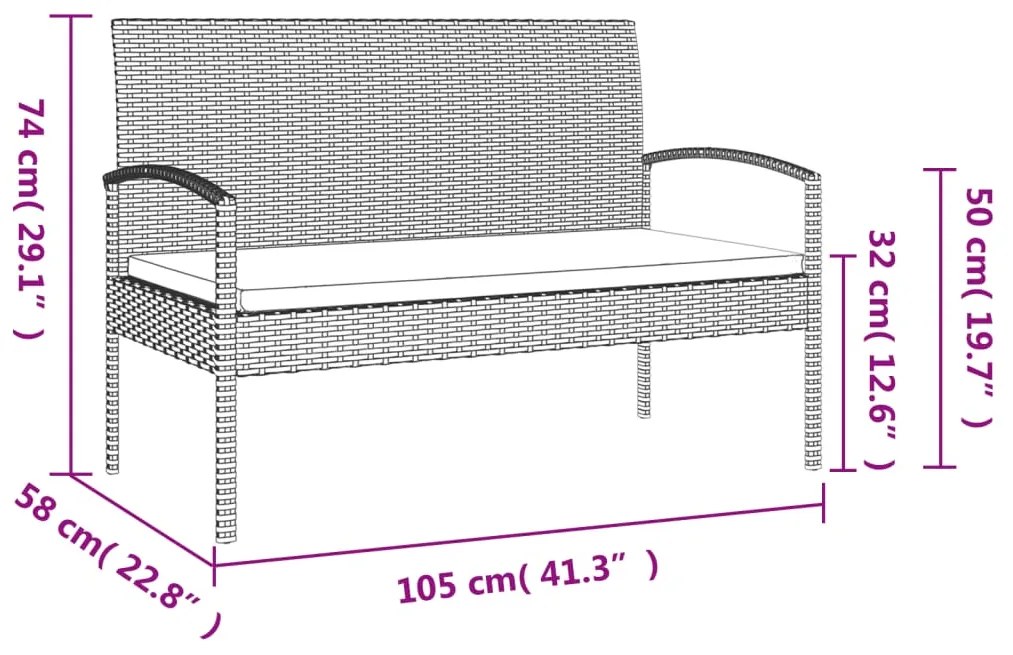 Banco de jardim com almofadão 105 cm vime PE cinzento