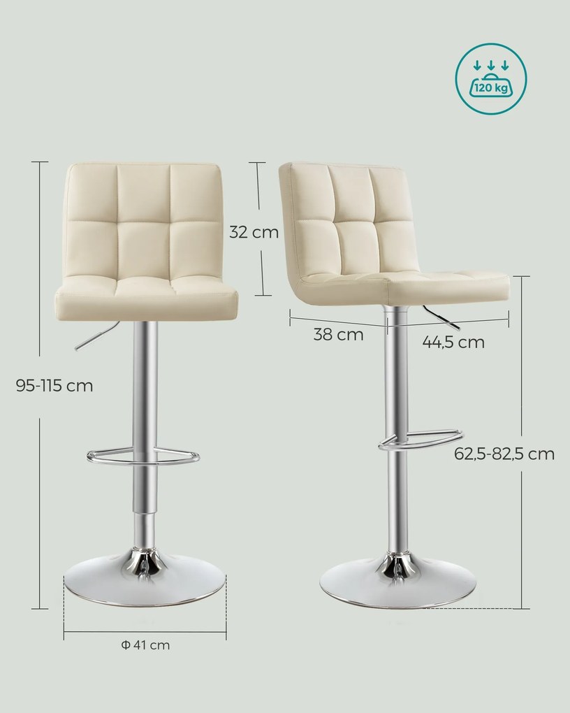 Conjunto de 2 bancos de bar 43 x 44,5 x (95-115) cm, ajustáveis em altura e com encosto bege areia