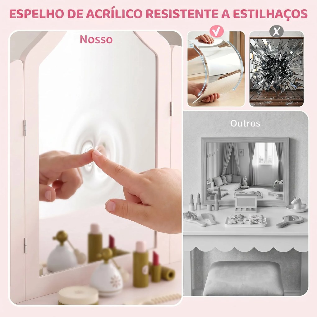 Toucador Infantil de Maquilhagem com Banco, 3 Espelhos Amovíveis, 2 Gavetas, 2 Armários e 7 Acessórios, Rosa, +3 Anos