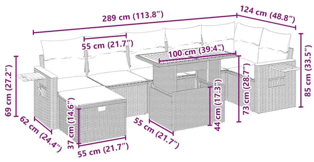 8 pcs conjunto de sofás p/ jardim com almofadões vime PE bege
