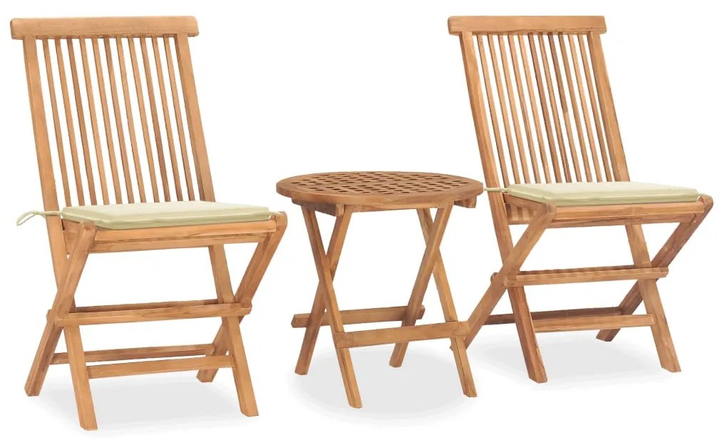 vidaXL 3 pcs conj. jantar dobrável exterior c/ almofadão teca maciça