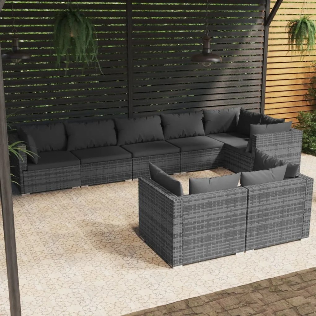 vidaXL 8 pcs conjunto lounge de jardim c/ almofadões vime PE cinzento