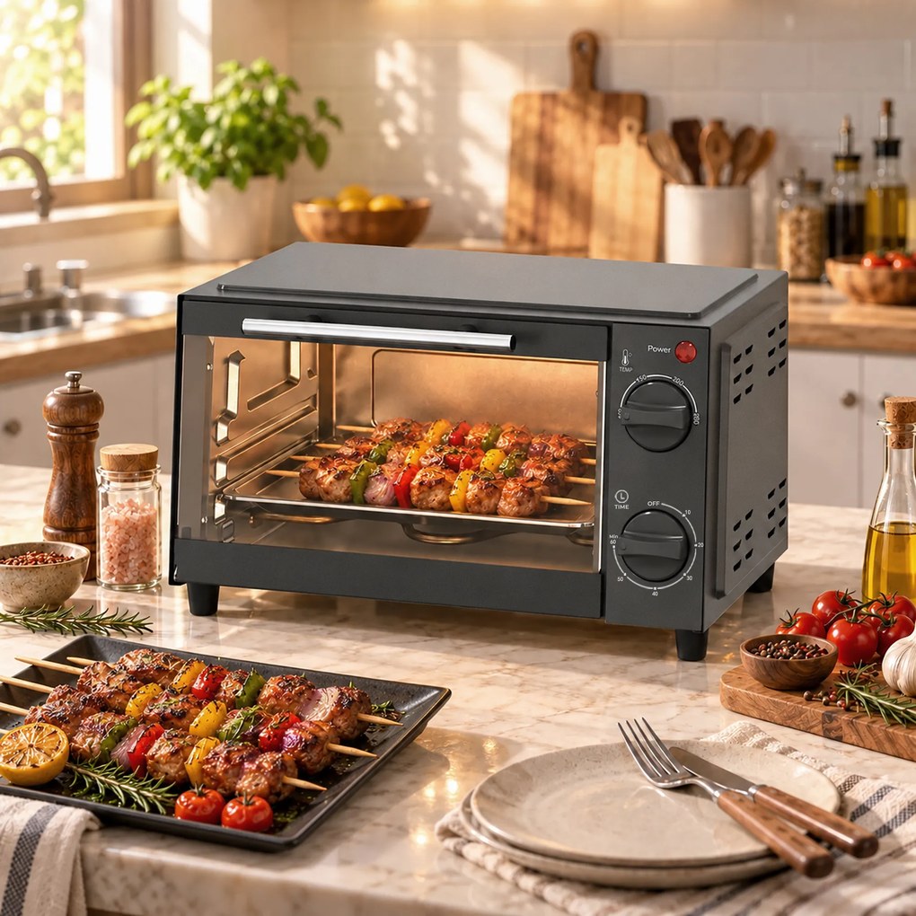 Mini Forno Elétrico 9 L de Bancada 750 W com Temperatura Ajustável e Temporizador 35x24,6x20 cm Cinza