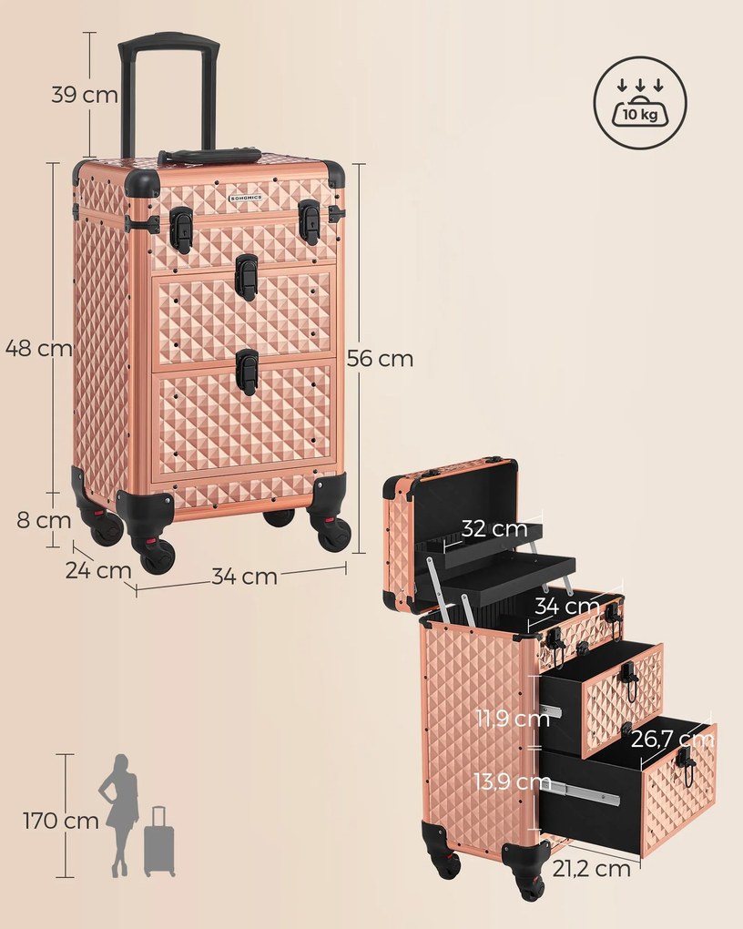 Mala de cosméticos trolley estojo de cabeleireiro 34 x 24 x 56 cm champanhe dourado