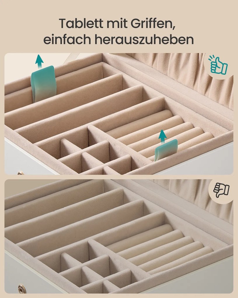 Caixa para joias com 2 níveis 17 x 20,5 x 9,5 cm Ideia para presente branco creme