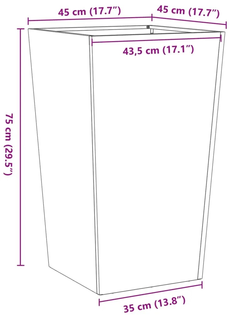 Vaso/floreira de jardim 45x45x75 cm aço inoxidável