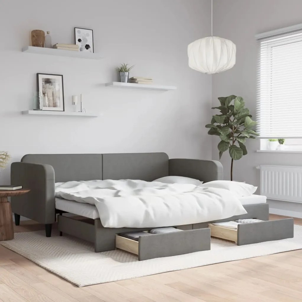 vidaXL Sofá-cama c/ gavetão e gavetas 90x200 cm tecido cinzento-escuro