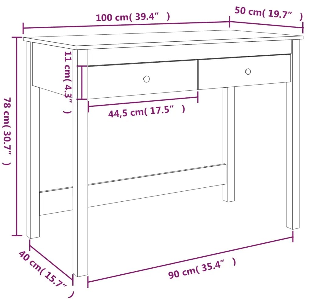 Secretária com 2 Gavetas - Branco - 100x50x78 cm - Pinho Maciço