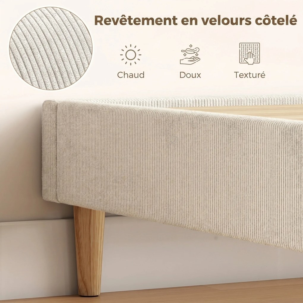 Estrutura de Cama de Casal Estofada (COLCHÃO NÃO INCLUIDO), 201 x 161 x 31 cm, Espaço de Arrumação por Baixo, Creme