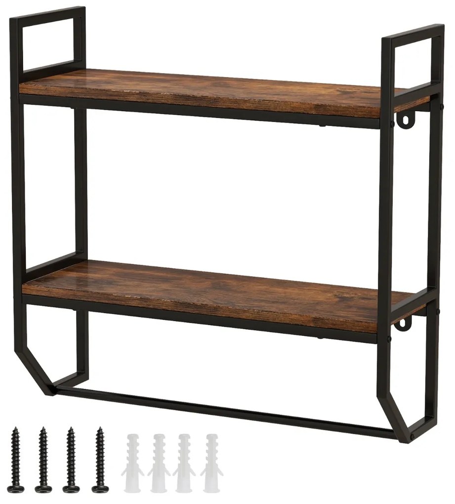 Prateleira flutuante de 2 níveis com toalheiro com estrutura metálica para parede de sala, cozinha e casa de banho 59 x 20 x 58 cm Castanho