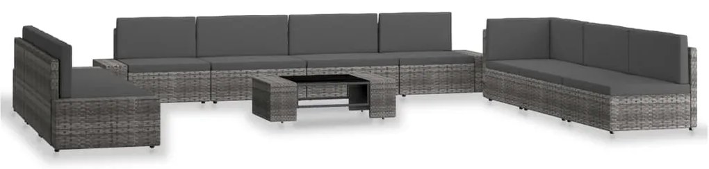 10 pcs conjunto lounge de jardim vime PE cinzento