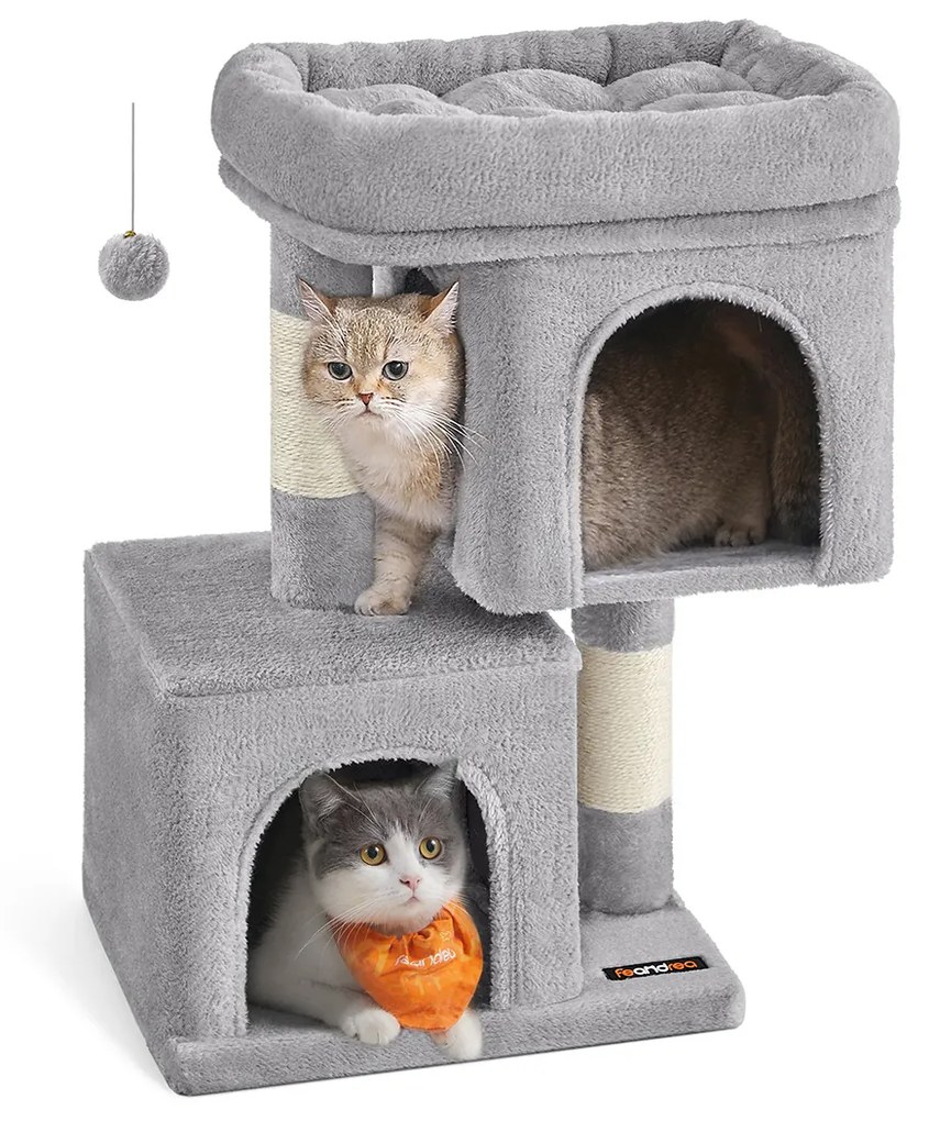 Feandrea Cat Tree, 67 cm Cat Tower, S, Cat Condo para gatinhos até 3 kg, grande poleiro para gatos, 2 cavernas para gatos, poste para arranhar, cinza claro PCT611W01