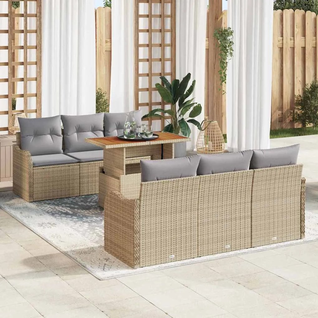 vidaXL Conjunto de Sofá de Jardim 7 Peças com Almofadas Bege em Rattan