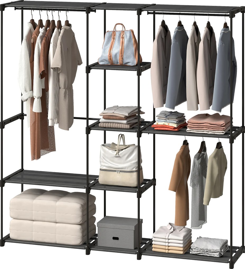 Guarda roupa aberto em tecido com barra para pendurar roupa e prateleiras, 182 x 43 x 185 cm, preto