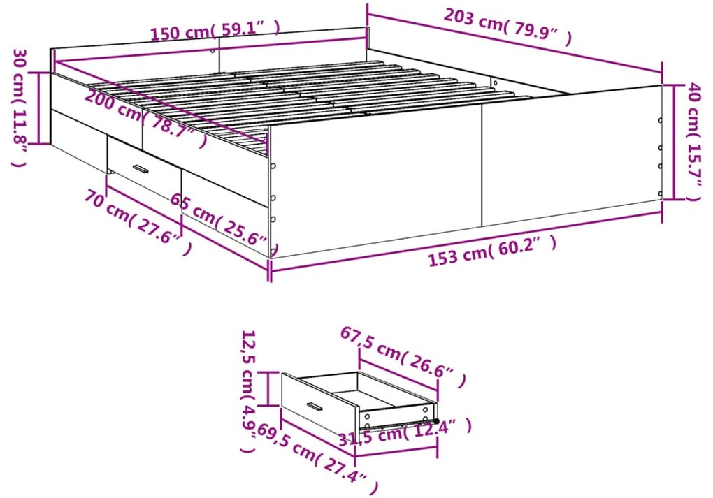 Estrutura de cama c/ gavetas 150x200cm derivados madeira branco