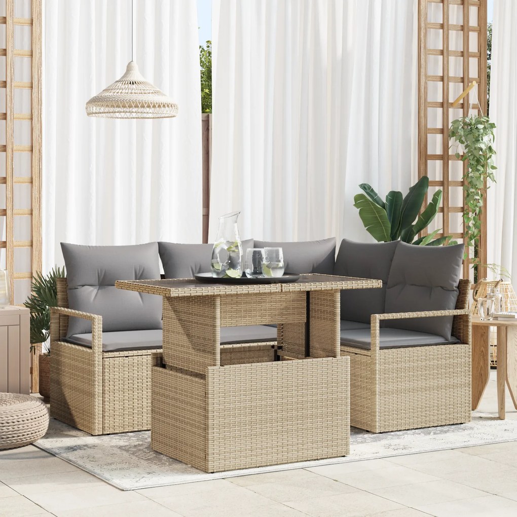 Conjunto de Sofá Jardim vidaXL 5 Peças com Almofadas em Rattan Sintético Bege