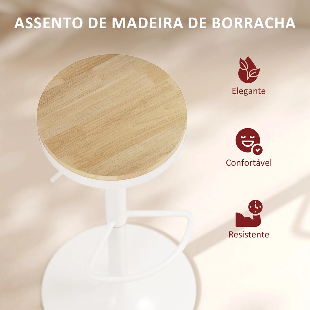 Conjunto de 2 Bancos de Bar Giratórios Bancos Altos de Cozinha com Descanso para Pés 38,5x38,5x60-80 cm Madeira e Branco