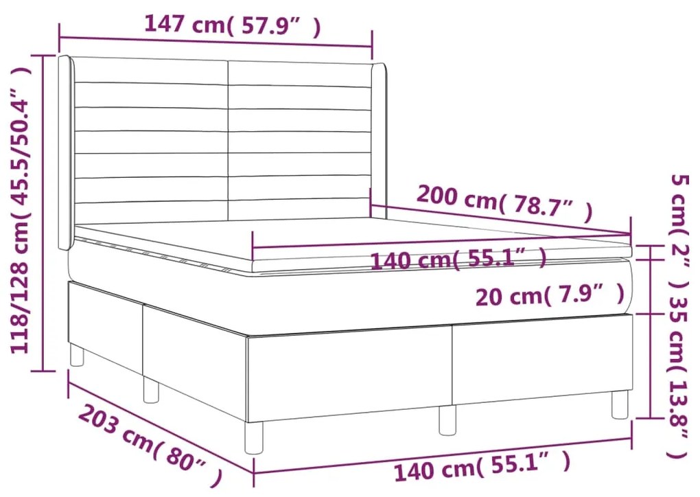 Cama box spring c/ colchão e LED 140x200 cm tecido preto