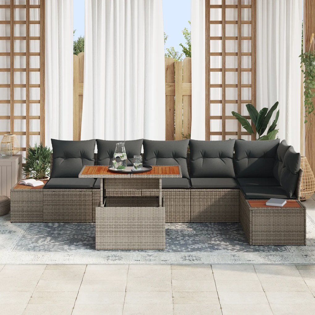 Conjunto de Jantar de Jardim com 7 Peças e Almofadas em Rattan Acacia