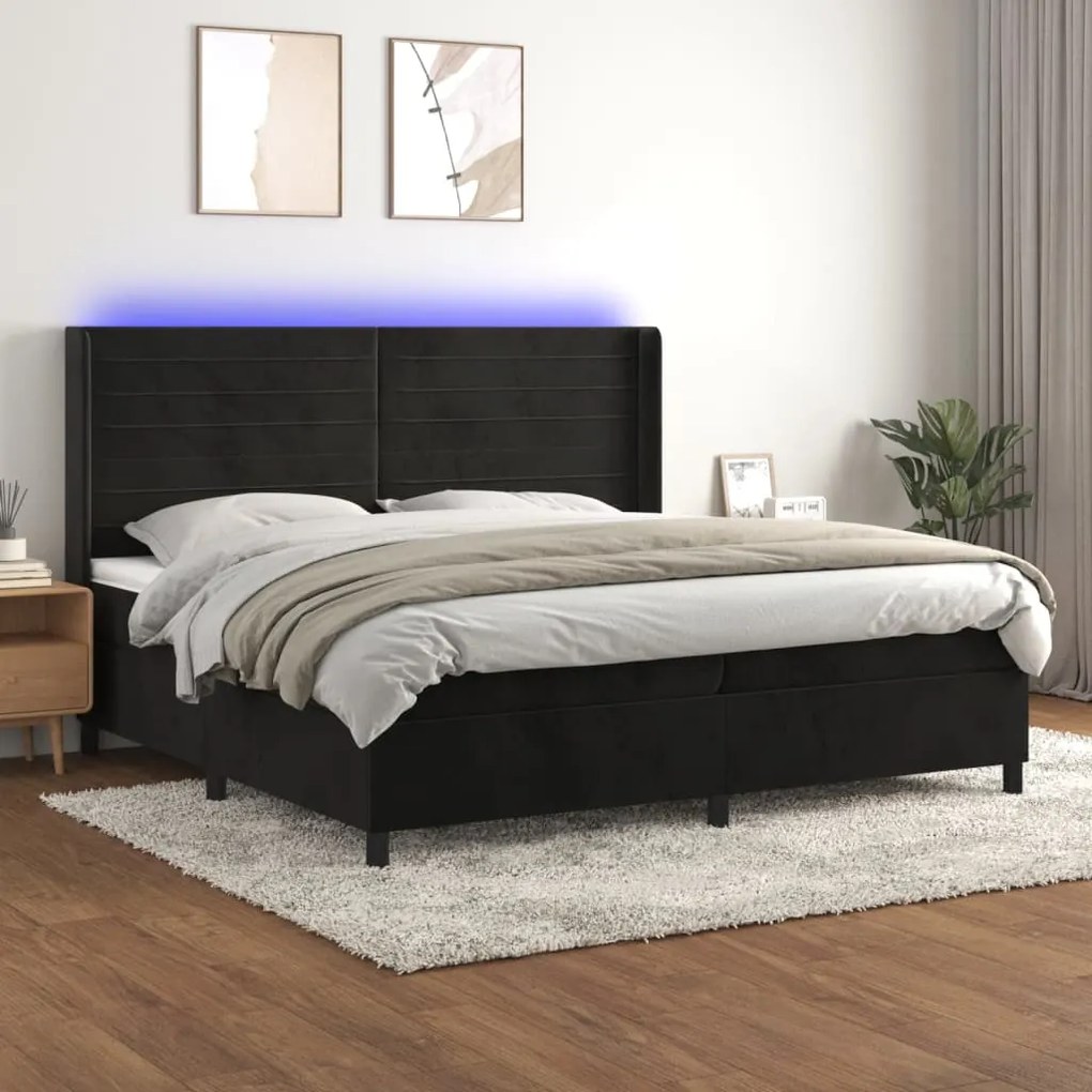 vidaXL Cama box spring c/ colchão/LED 200x200 cm veludo preto