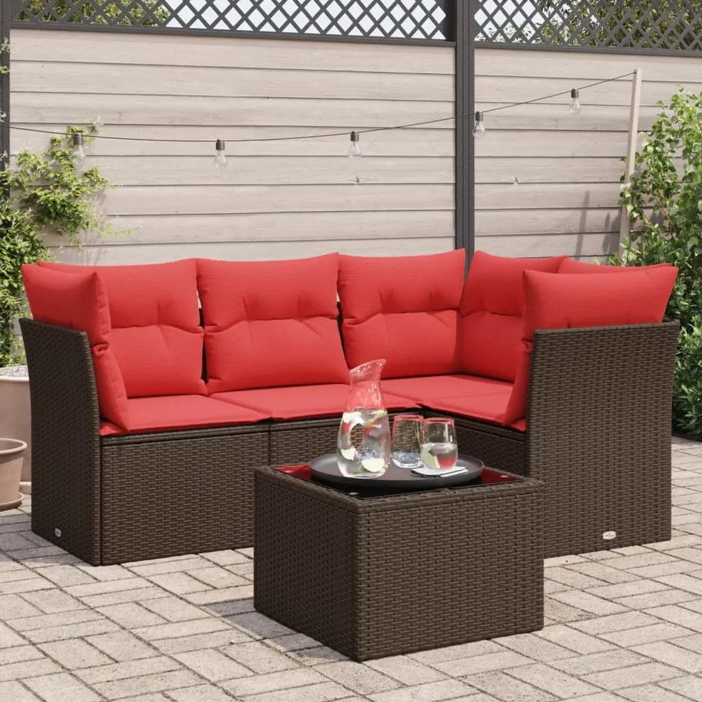 vidaXL 5 pcs conjunto sofás p/ jardim c/ almofadões vime PE castanho