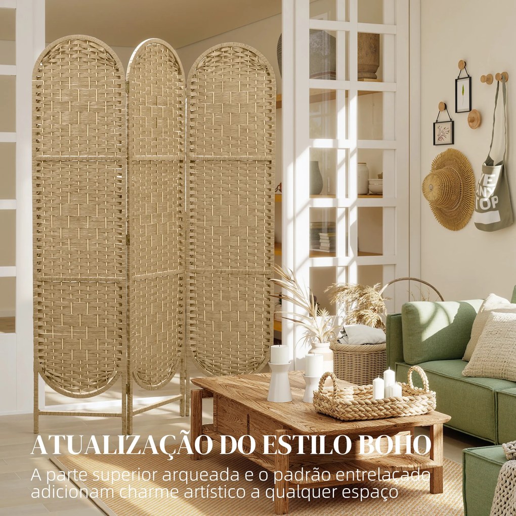 Biombo Separador de Ambientes 3 Painéis 120x170 cm Painel de Privacidade Dobrável Boémio com Topo Arqueado Entrançado à Mão Madeira