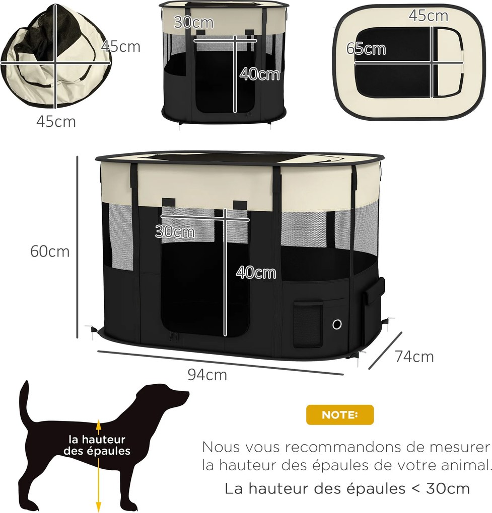 Parque dobrável para cães, gatos e pequenos animais em tecido Oxford com compartimento de arrumação, 94 x 74 x 60 cm, branco creme e preto