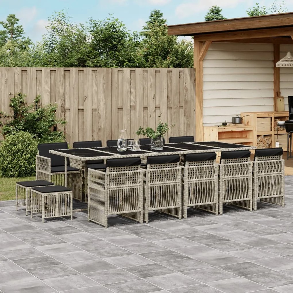 vidaXL 15 pcs conj. jantar jardim c/ almofadões vime PE cinzento-claro