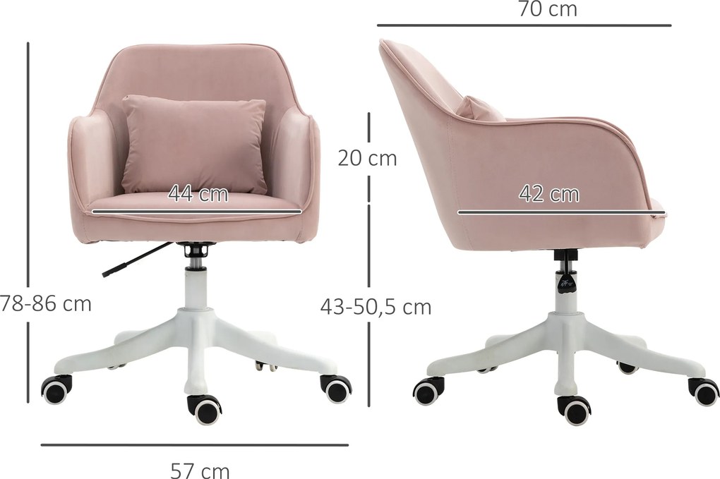 Cadeira de escritório em veludo, com almofada lombar integrada, altura ajustável e rotação de 360°, cor rosa