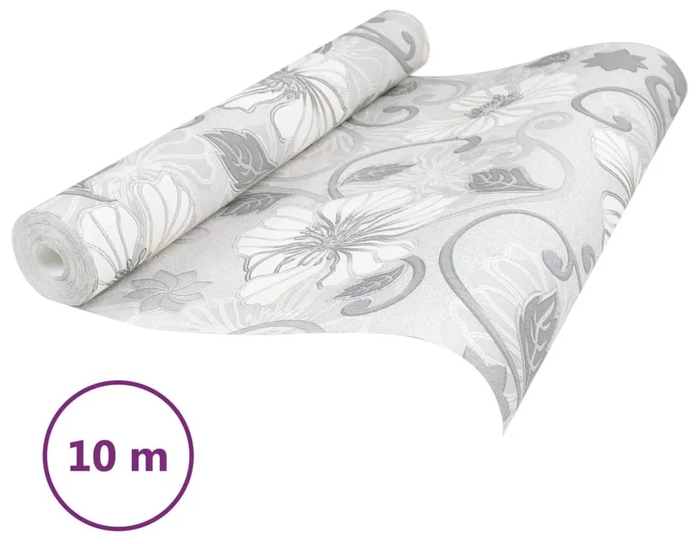 Papel parede 3D c/ padrão flores 10x0,53 m não-tecido cinza