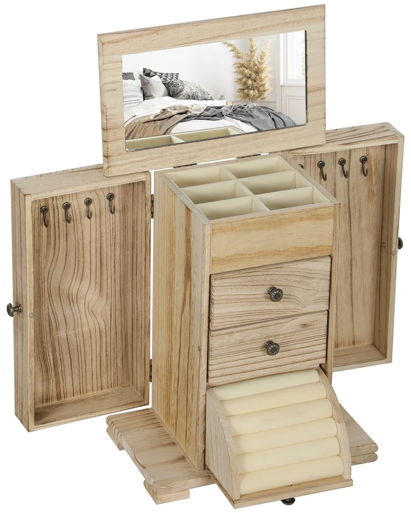 HOMCOM Caixa Joias de Madeira de 4 Níveis Organizador de Joias com 2 Gavetas e Espelho 26,5x16x33,5 cm  Madeira | Aosom Portugal