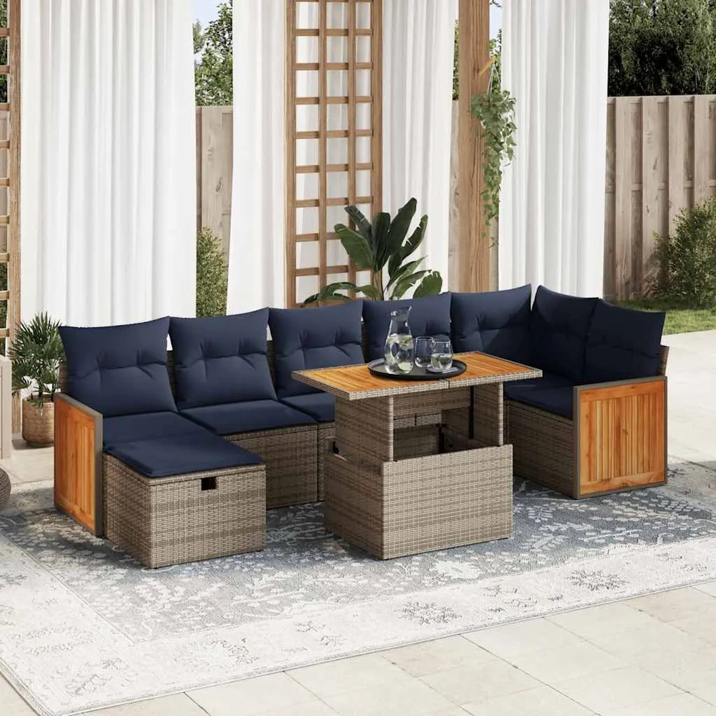 8 pcs conj. sofás jardim c/ almofadões vime PE/acácia castanho