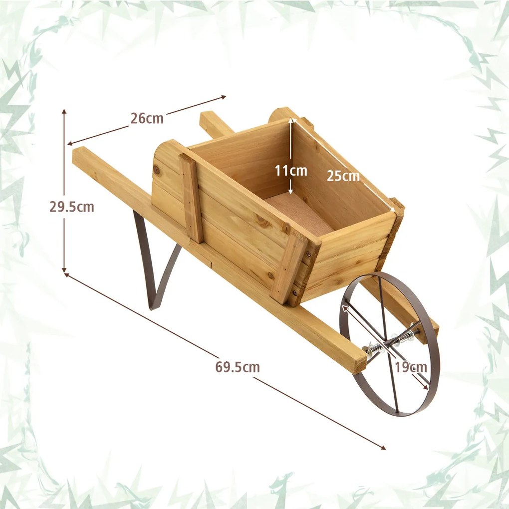Floreira Jardim de madeira de pinho forma Carrinho de mão para interior e exterior com 9 acessórios magnéticos 69,5 x 26 x 29,5 cm Natural