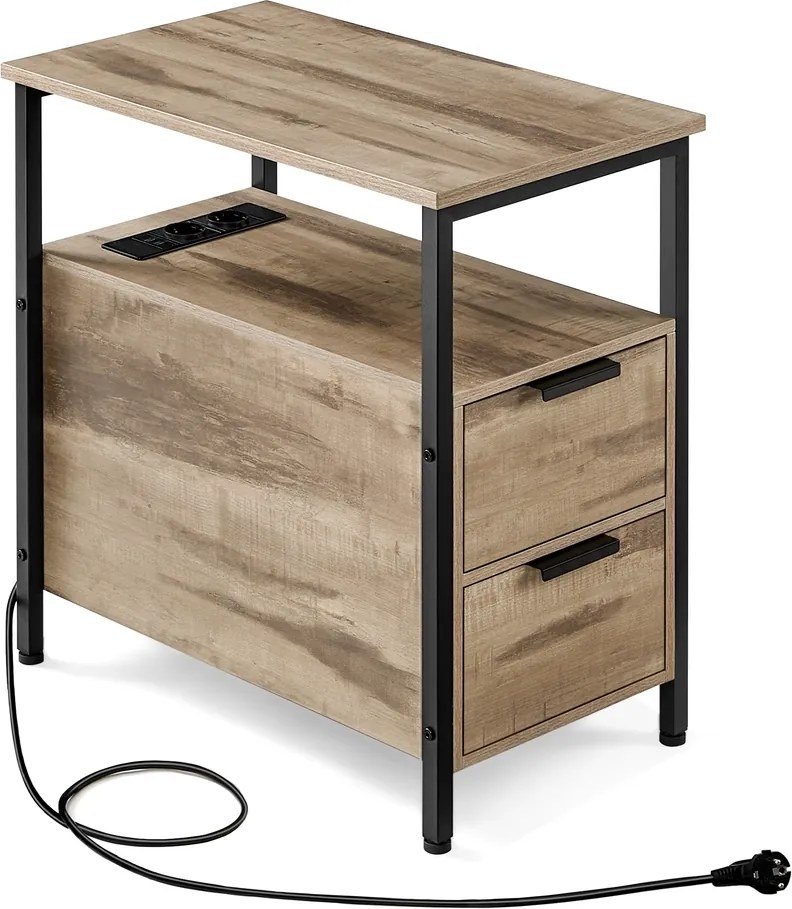 Mesa apoio, mesa de cabeçeira 60 x 35 x 61 cm com estação de carregamento e 2 gavetas castanho camelo-preto