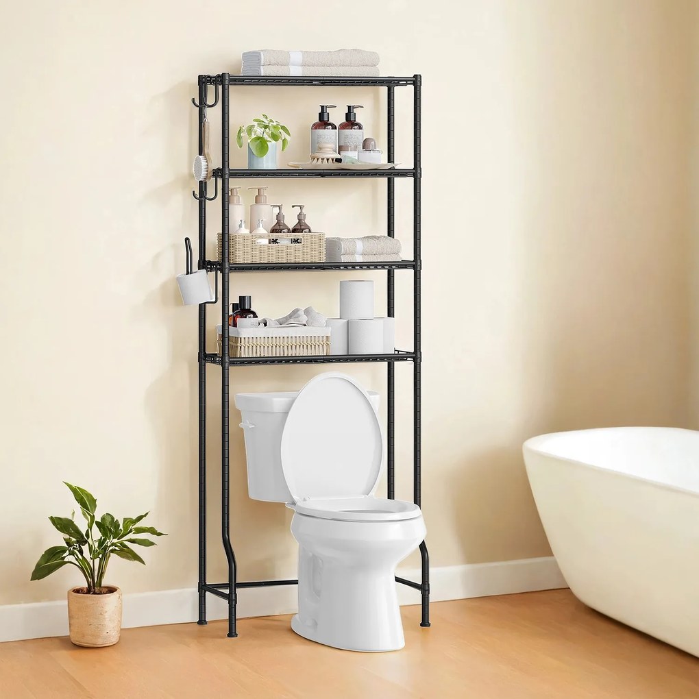Estante para casa de banho sob sanita 30 x 63 x 176 cm com 4 prateleiras e ganchos Preto