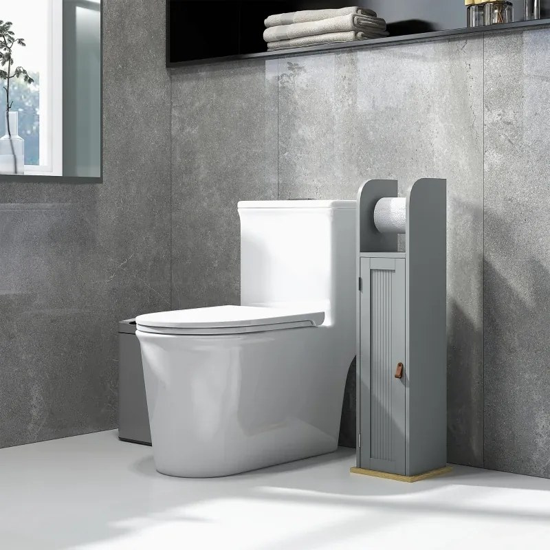 Móvel de casa de banho 20 x 20 x 80 cm com suporte para papel higiénico, armário e prateleiras ajustáveis, cinzento