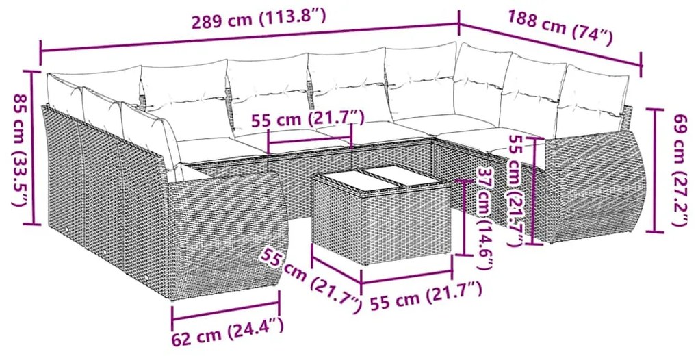 10 pcs conj. sofás jardim com almofadões vime PE cinzento-claro