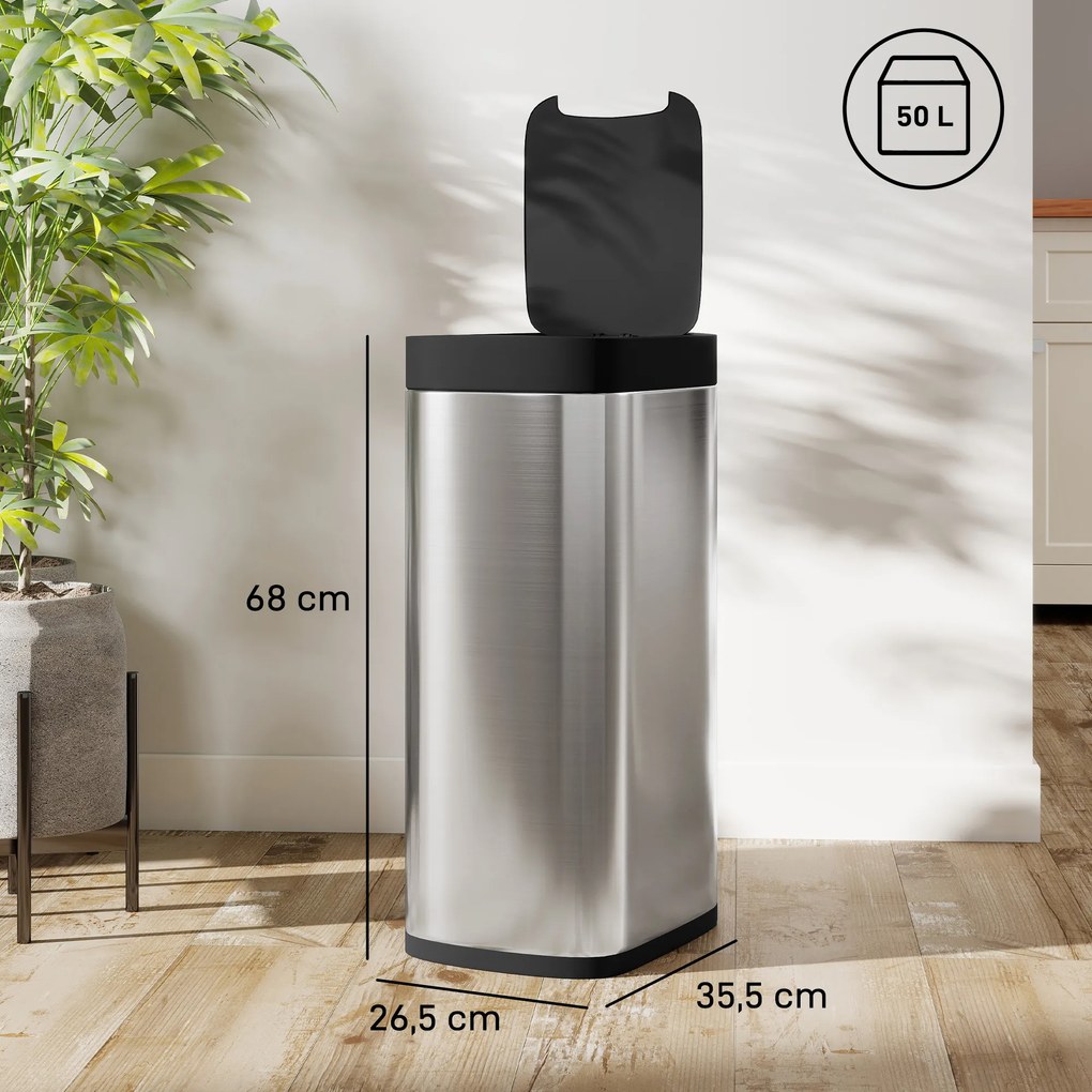 Caixote do lixo de cozinha automático de 50 L, com sensor de movimento, funciona a pilhas, 26,5 x 35,5 x 68 cm, prateado