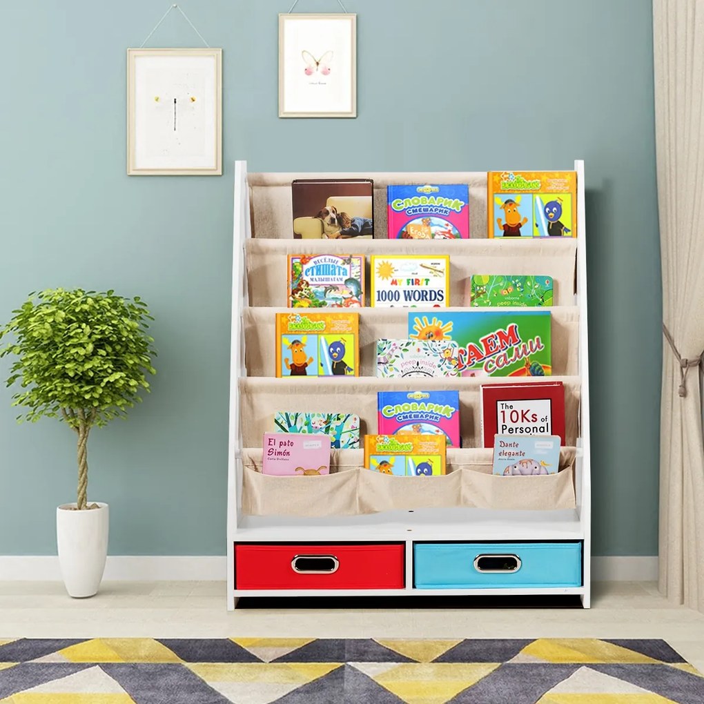 Estante Infantil com 4 Prateleiras Frontais e 2 Caixas para Quarto 70,5 x 28,5 x 86 cm Bege