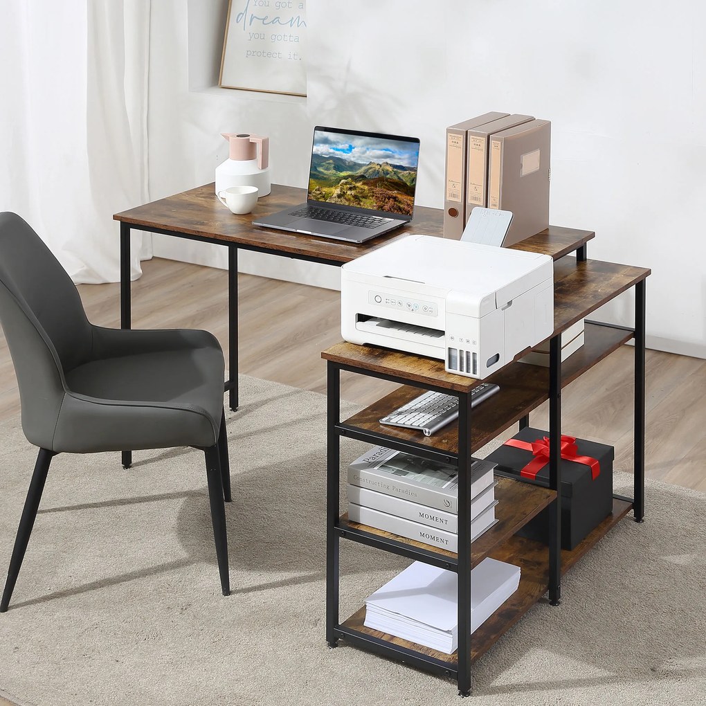 Mesa de escritório de canto, com 3 prateleiras e com acabamento em madeira envelhecida e metal preto