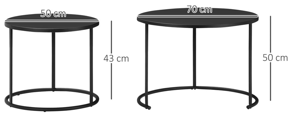 Outsunny Conjunto de 2 Mesas de Café Ø70x50 cm e Ø50x43 cm Mesas Auxiliares Redondas de Metal para Sala de Estar Dormitório Carga Máxima 25kg Preto