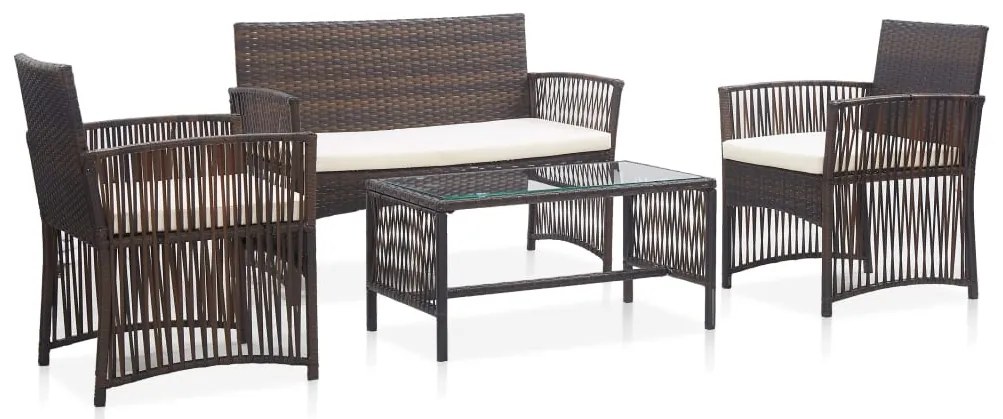 4 pcs conjunto lounge jardim c/ almofadões vime PE castanho