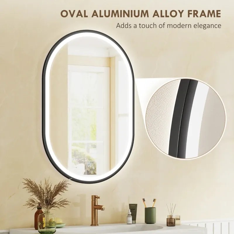 Espelho de Casa de Banho com Luz 60x90 cm Espelho de Parede Oval 3 Cores de Luz Brilho Regulável Função Antiembaçiamento Memória Preto