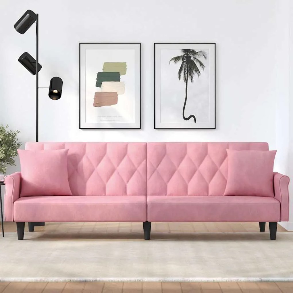 Sofá-cama com apoio de braços veludo rosa