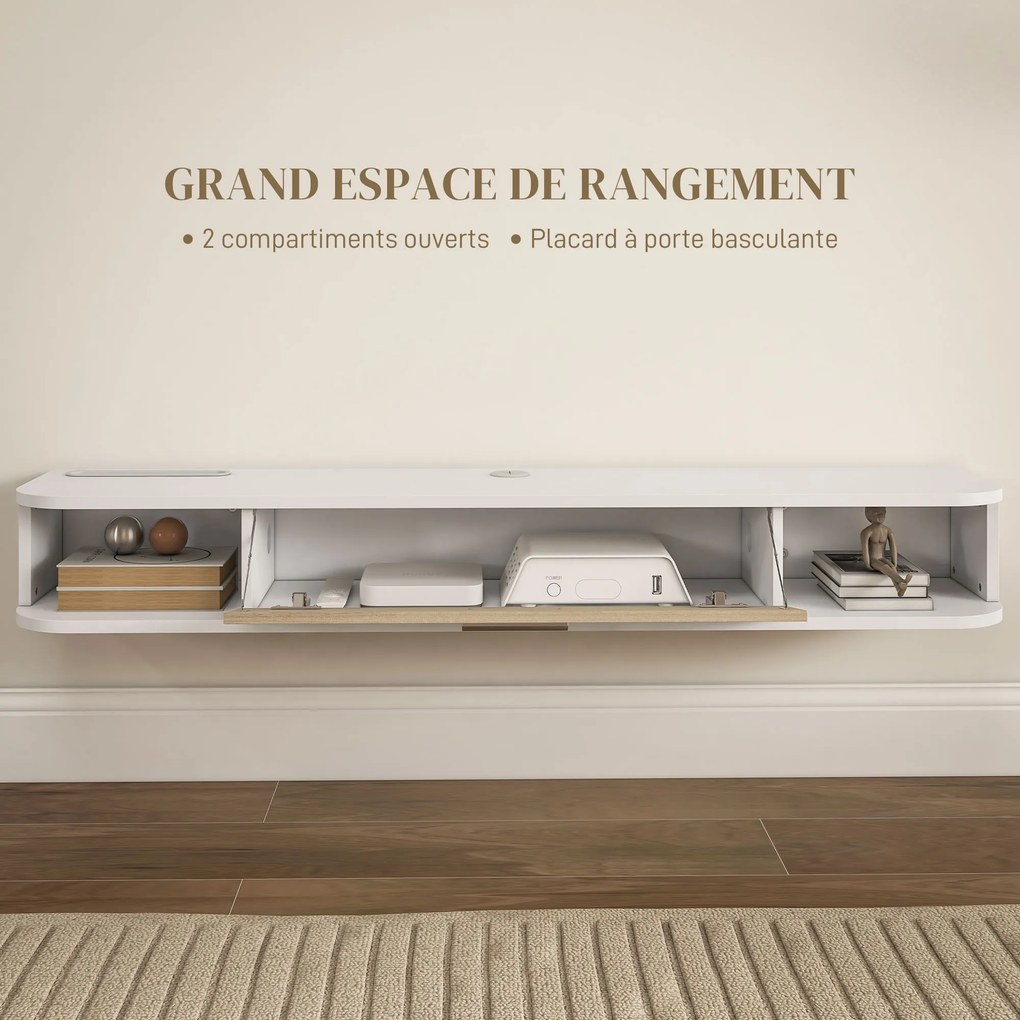 Móvel de TV de parede 120 L x 26 P x 16 A cm, para ecrãs até 50 polegadas, com compartimentos abertos e armário com porta rebatível, branco