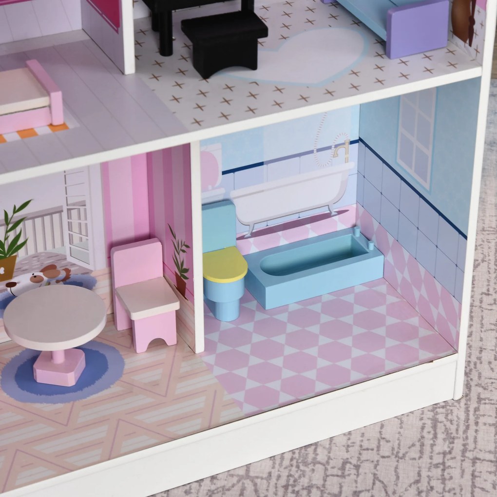 HOMCOM 2 em 1 binquedo de cozinha Casa de bonecas 3 andares com 12 acessórios incluidos para crianças acima de 3 anos 60x 48x 106 cm rosa