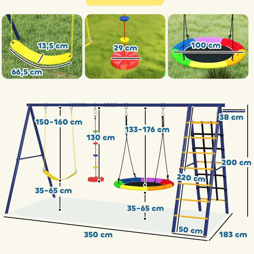Conjunto de Baloiços 6 em 1 para Crianças com Ninho Escada Rede de Escalada Cesto 350x183x200 cm Multicolor