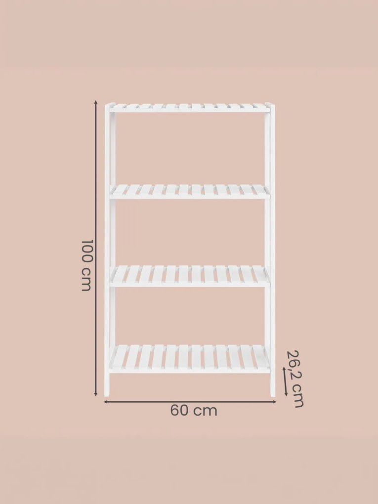 Estante de arrumação de bambu de 4 prateleiras 26,2 x 60 x 100 cm branca