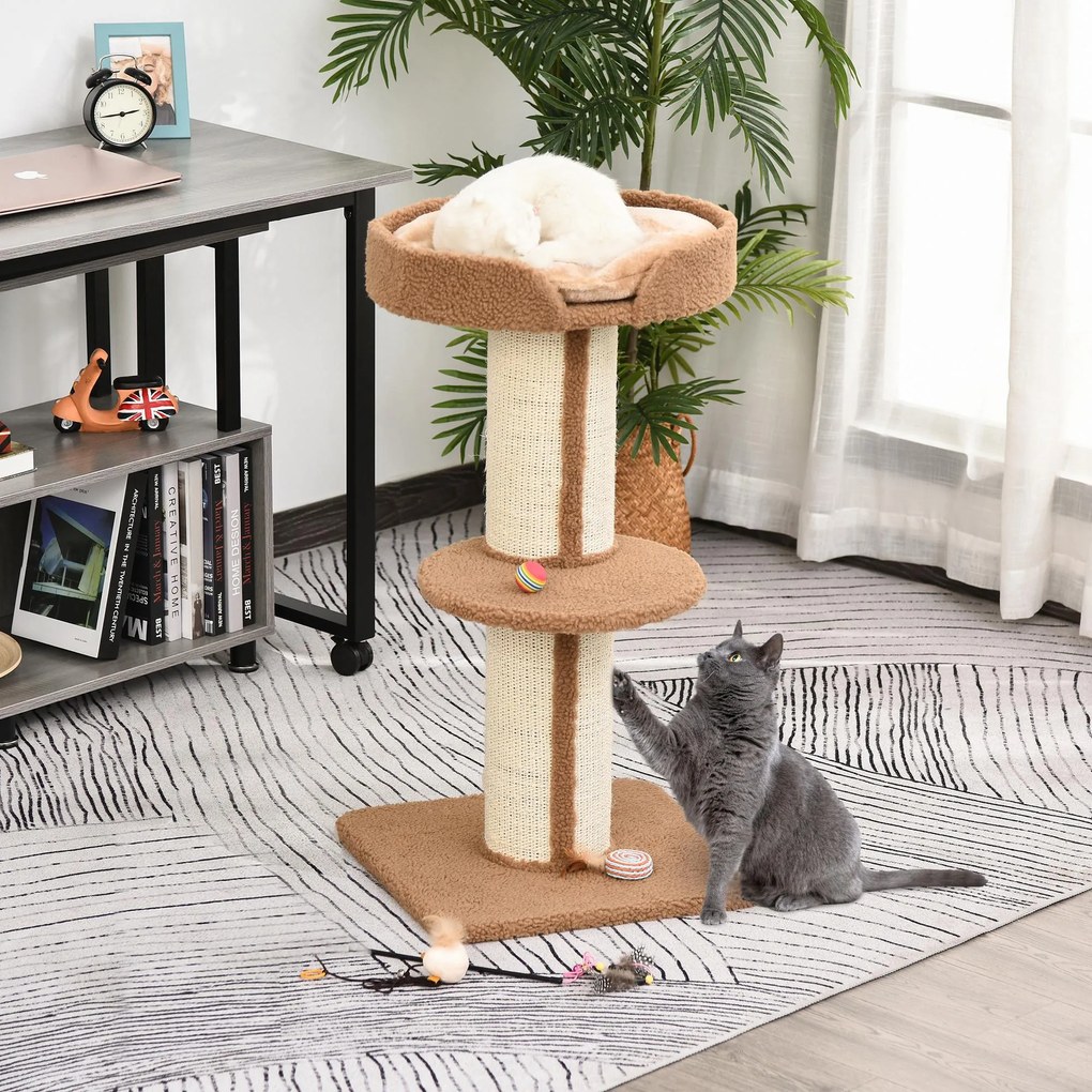 Arranhador para Gatos Altura 91 cm de 3 Níveis com Ninho Plataforma e Poste de Sisal 45x45x91 cm Castanho Claro